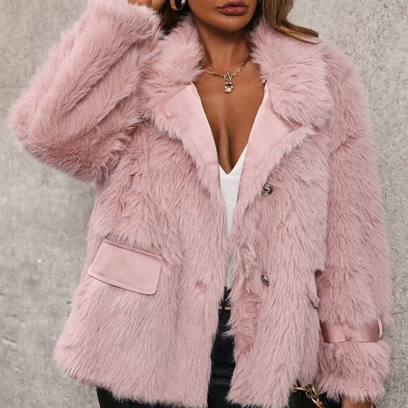 Coral Pink Women's Solid Open Front Fuzzy Coat - Picture 3 of 6